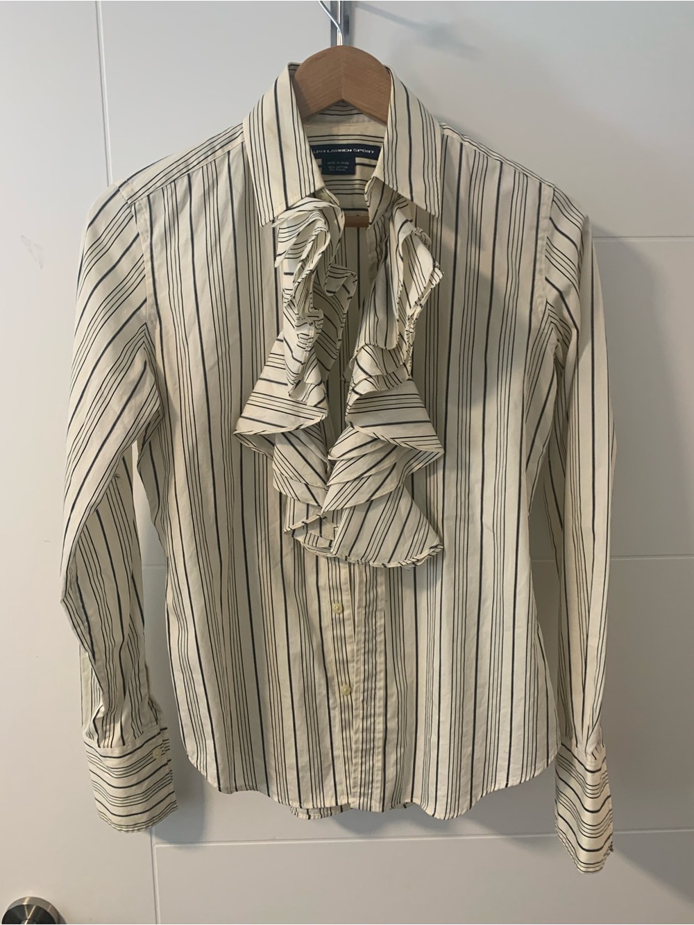 Classic Striped Ruffle-Front Shirt - Cream/Black A17 Ralph Lauren